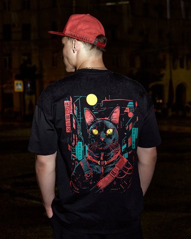Men's T-Shirt Oversize "Cyber Cat" Black XSS with Cat Print