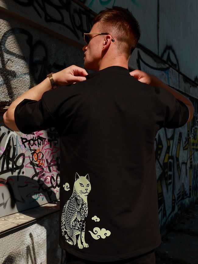 Футболка мужская оверсайз &ldquo;Japanese Tattoo Cats&rdquo;, Черный, XS-S