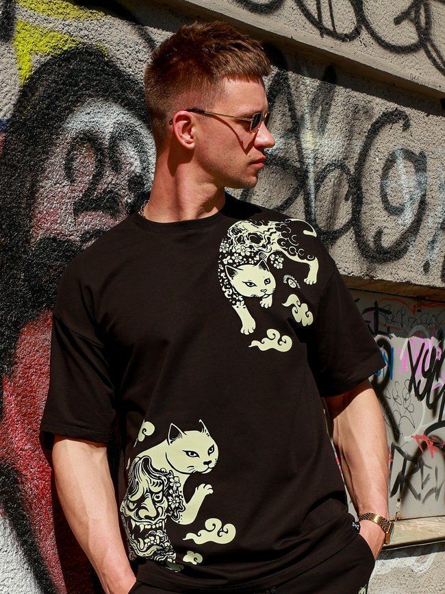 Футболка мужская оверсайз &ldquo;Japanese Tattoo Cats&rdquo;, Черный, XS-S