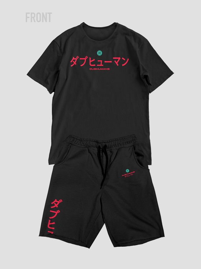 Комплект мужской шорты и футболка оверсайз “Dubhumans Japanese”, Черный, 2XS