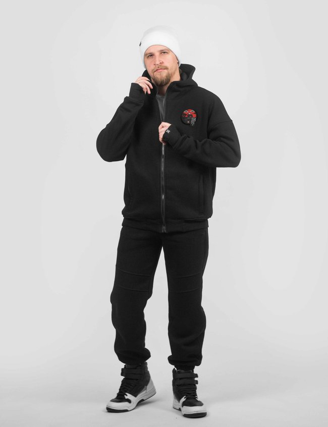 Men's tracksuit set with a Changeable Patch "Tractor steals a Tank" Hoodie with a zipper, Black, 2XS, XS (104 cm)