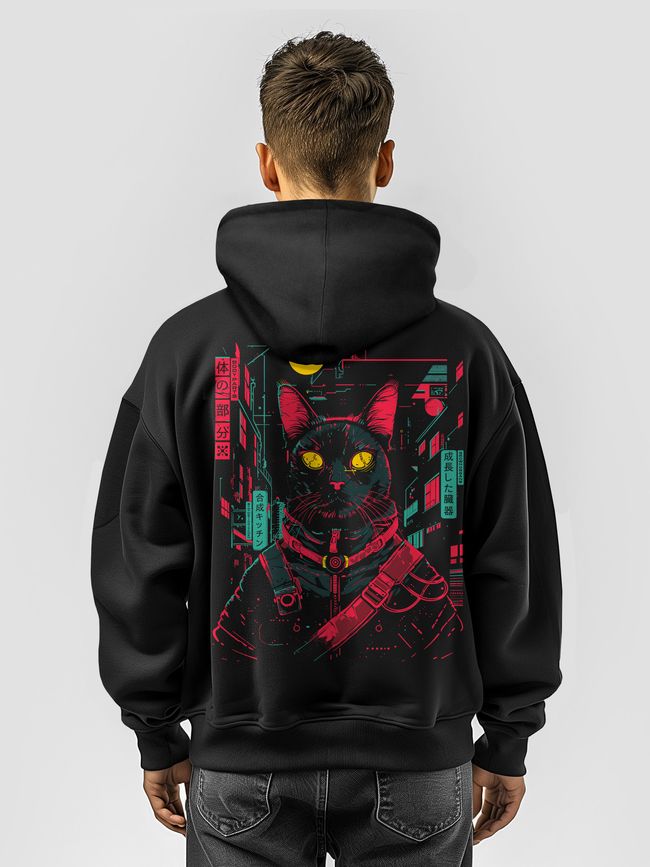 Men's Hoodie "Cyber Cat", Black, M-L