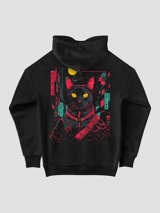 Men's Hoodie "Cyber Cat", Black, M-L