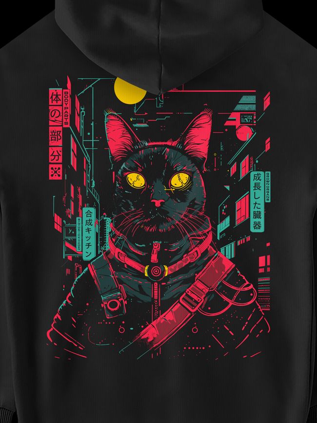 Men's Hoodie "Cyber Cat", Black, M-L