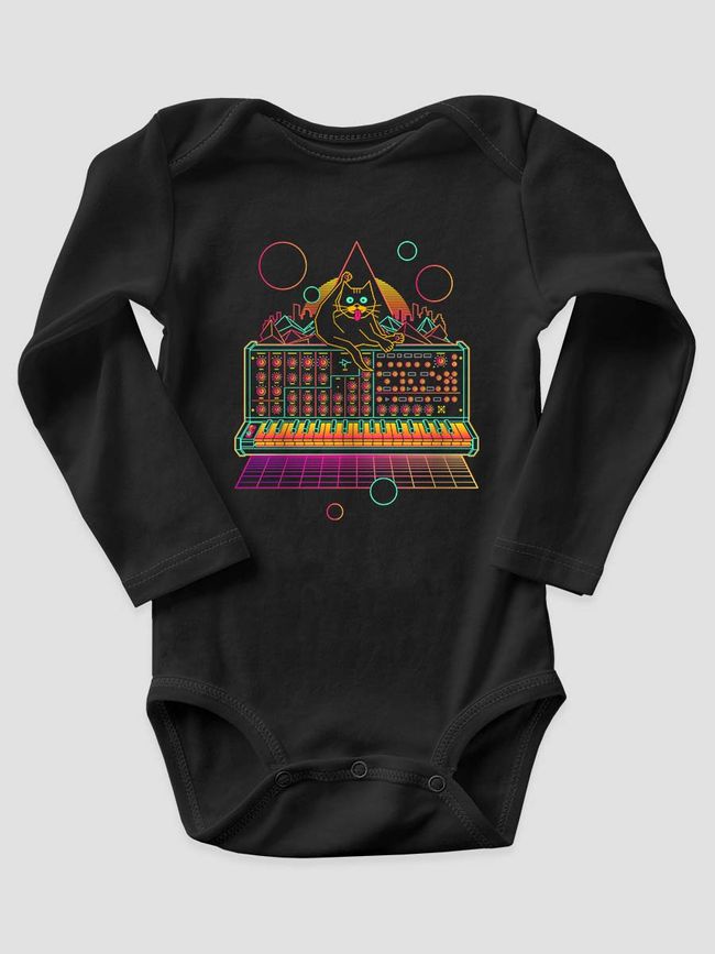 Kid's Bodysuite “Cat on Synthesizer”, Black, 68 (3-6 month)