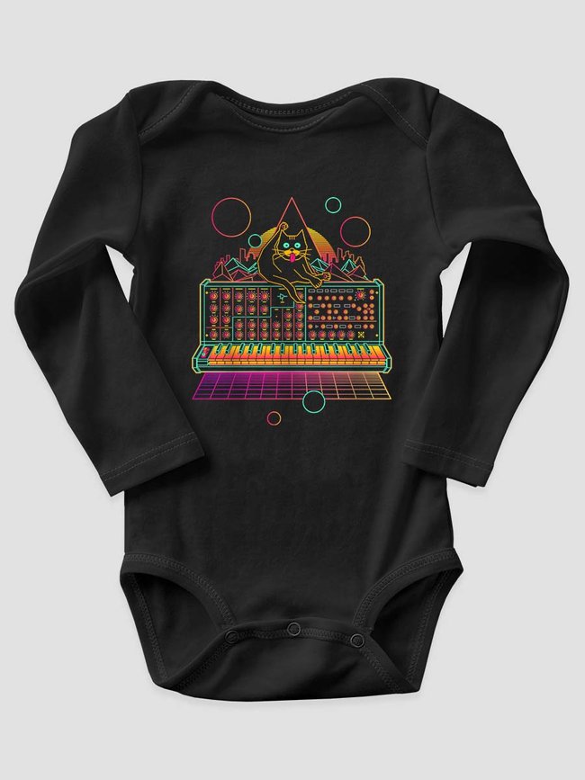 Kid's Bodysuite “Cat on Synthesizer”, Black, 68 (3-6 month)