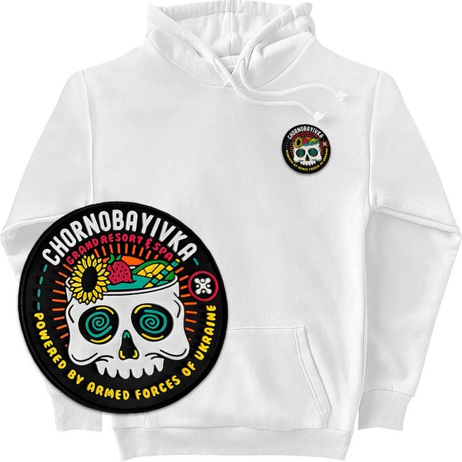 Funny Men's Hoodie with a Changeable Patch “Chornobayivka”, White, 2XS