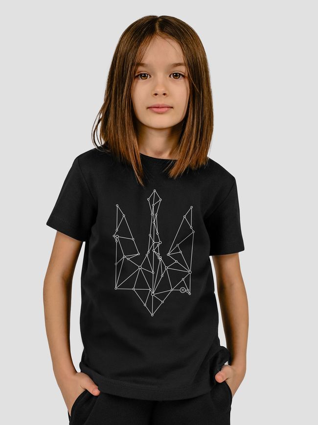 Kid's T-shirt "Ukraine Line" with a Trident Coat of Arms, Black, XS (110-116 cm)