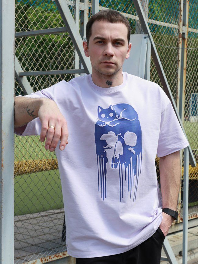 Men's T-shirt Oversize &ldquo;Cat x Skull&rdquo;, Світлий ліла, XS-S