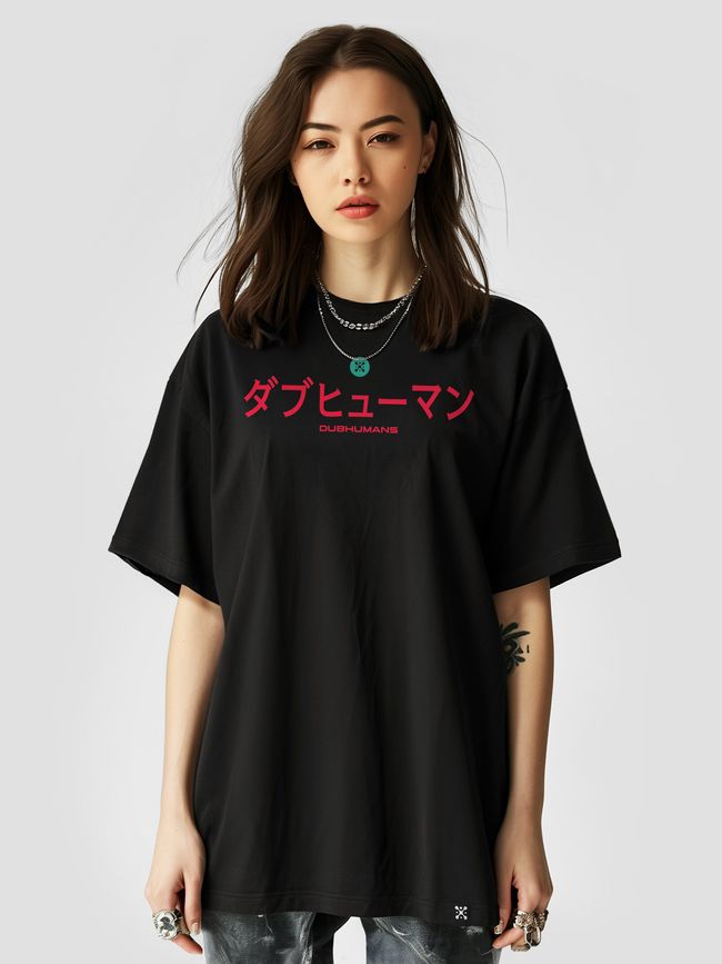 Women’s Oversize Suit - Shorts and T-shirt “Dubhumans Japanese”, Black, 2XS