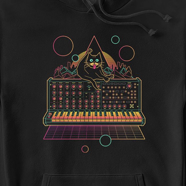 Men's Hoodie "Cat on Synthesizer", Black, M-L