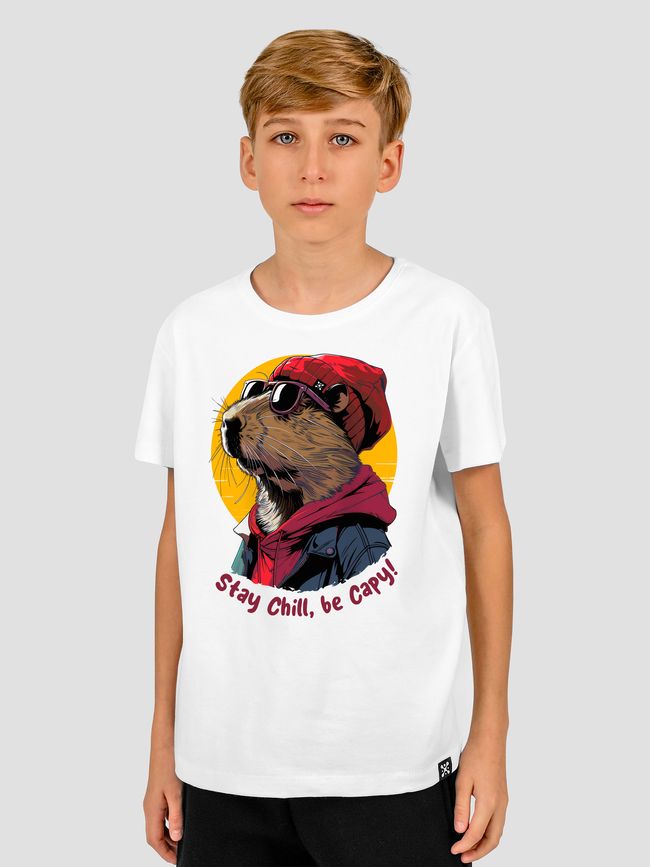 Kid's T-shirt "Stay Chill, be Capy (Capybara)", White, XS (110-116 cm)