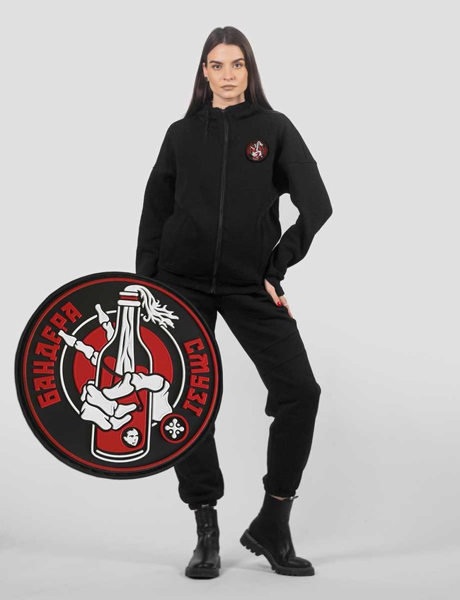 Women`s tracksuit set with a Changeable Patch "Bandera Smoothie" Hoodie with a zipper, Black, 2XS, XS (99  cm)