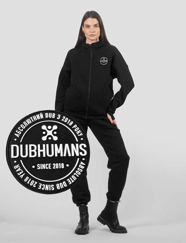 Women's tracksuit set with a Changeable Patch "Dubhumans" Hoodie with a zipper, Black, XS-S, XS (99  cm)