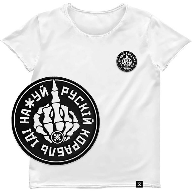 Women's T-shirt with a Changeable Patch “Russian Warship Fuck Yourself”, White, XS