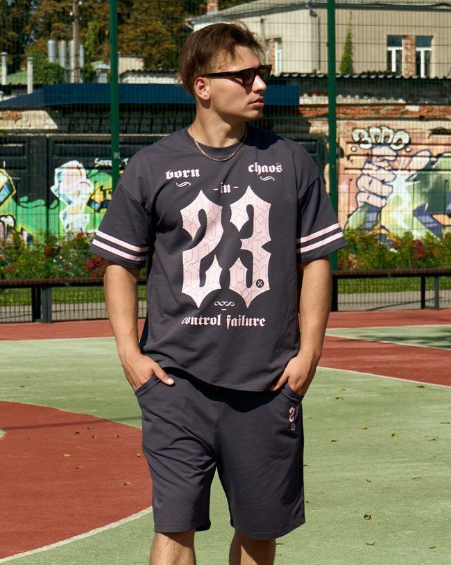 Men&rsquo;s Oversize Suit - Shorts and T-shirt &ldquo;23&rdquo; Grey Gri XSS with numbers