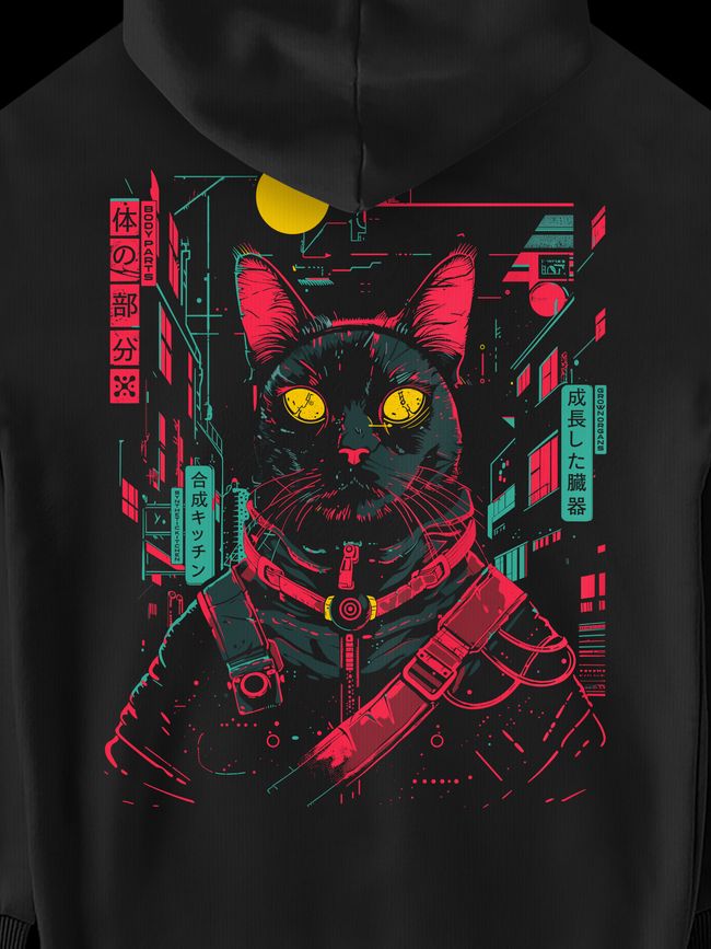 Худи женский "Cyber Cat", Черный, M-L