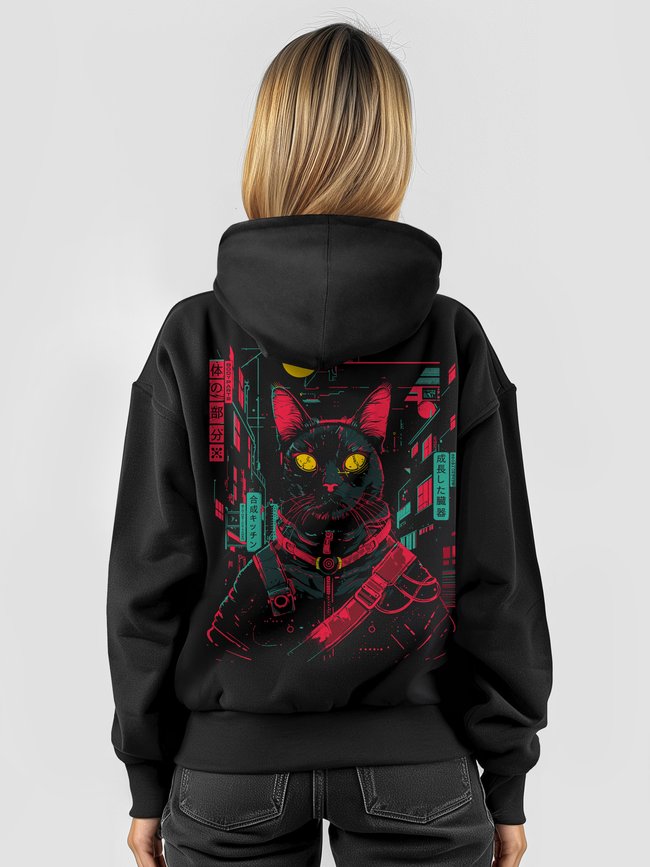 Women's Hoodie "Cyber Cat", Black, M-L