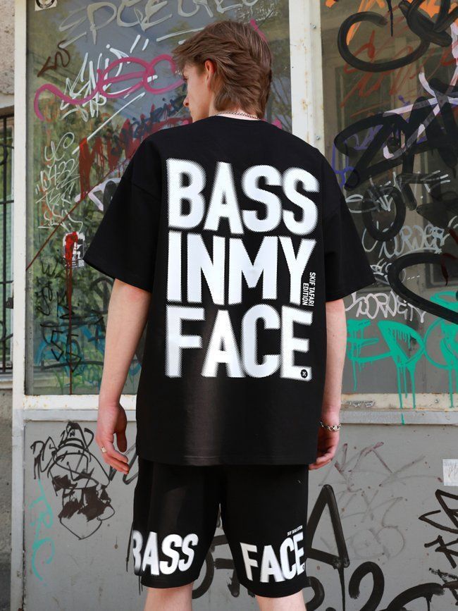 Комплект чоловічий шорти та футболка оверсайз &ldquo;Bass in My Face&rdquo;, Чорний, XS-S