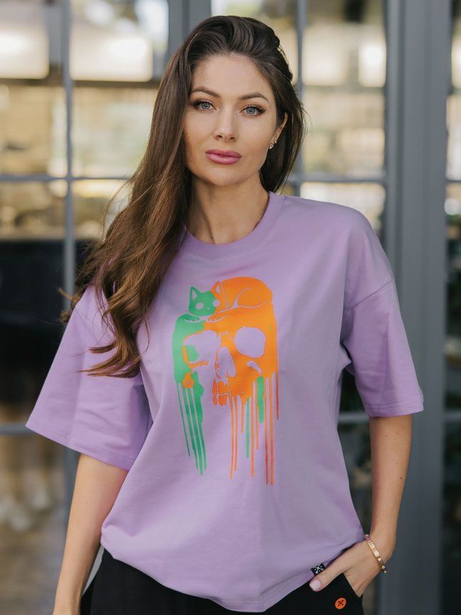 Women's T-shirt Oversize &ldquo;Cat x Skull&rdquo;, Ліла, S
