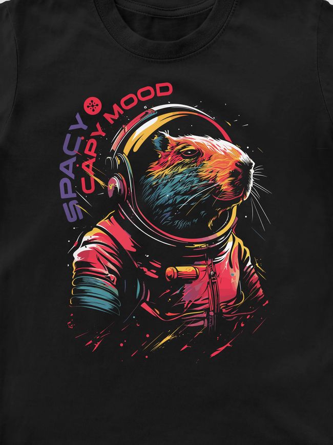 Kid's T-shirt "Spacy Capy Mood (Capybara)", Black, XS (110-116 cm)