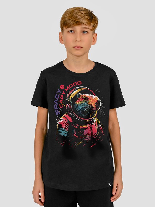 Kid's T-shirt "Spacy Capy Mood (Capybara)", Black, XS (110-116 cm)