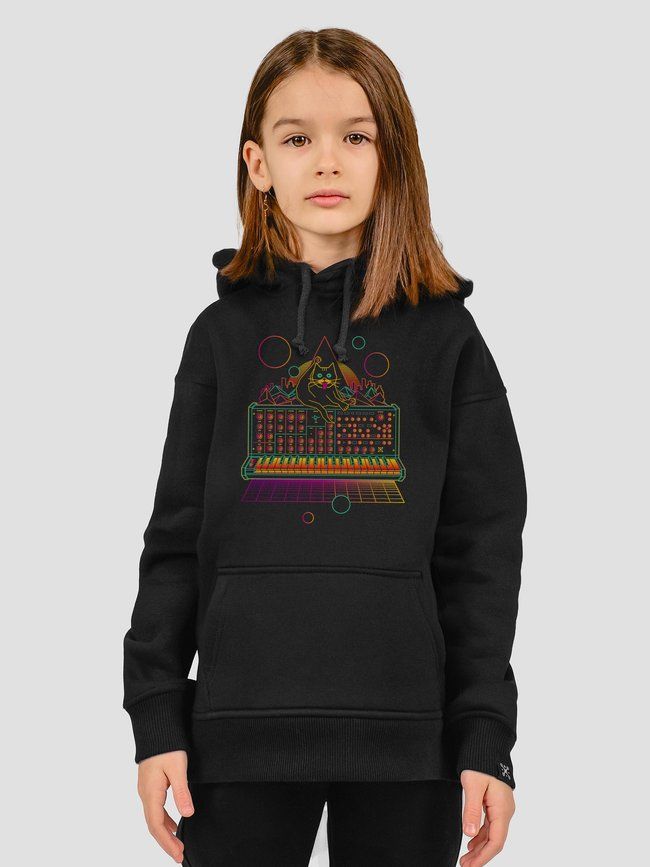 Kid's hoodie "Cat on Synthesizer", Black, XS (110-116 cm)