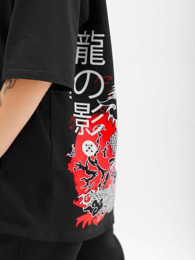 Men's T-Shirt Oversize "Dragon Shadow" Black XSS with Dragon Print
