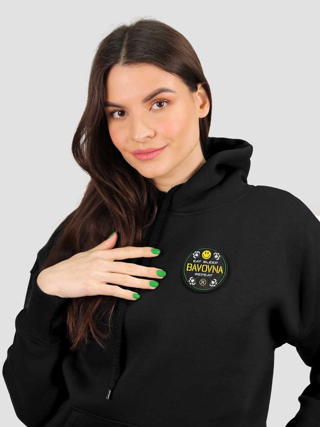 Women's tracksuit set Hoodie black with a Changeable Patch "Eat, Sleep, Bavovna, Repeat", Black, XS-S, XS (99  cm)