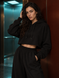 Women's cropped hoodie and oversized drawstring pants set, Black, XS-S, S