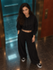 Women's cropped hoodie and oversized drawstring pants set, Black, XS-S, S
