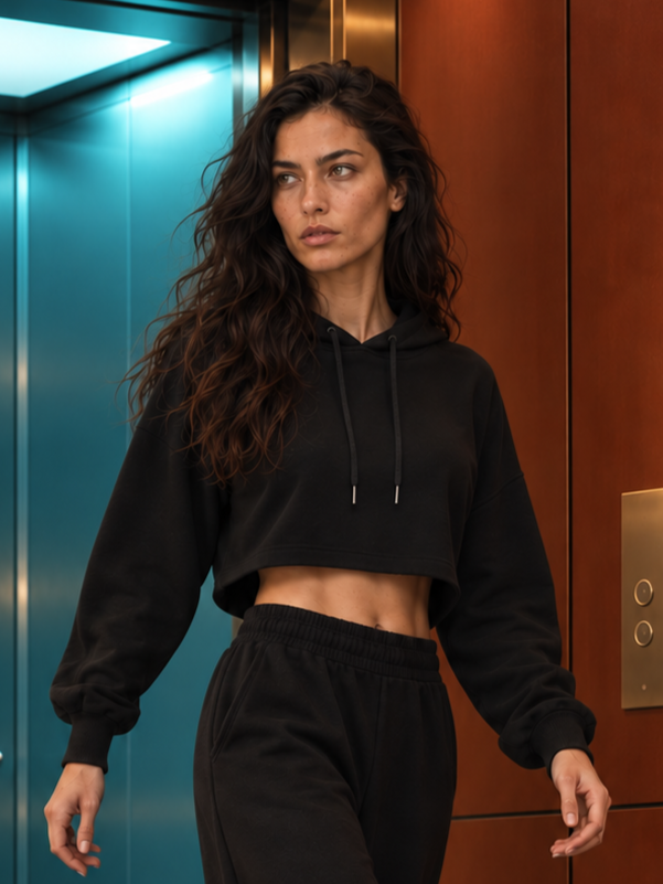 Women's cropped hoodie and oversized drawstring pants set, Black, XS-S, S