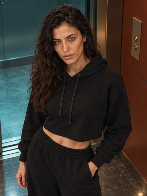 Women's cropped hoodie and oversized drawstring pants set, Black, XS-S, S