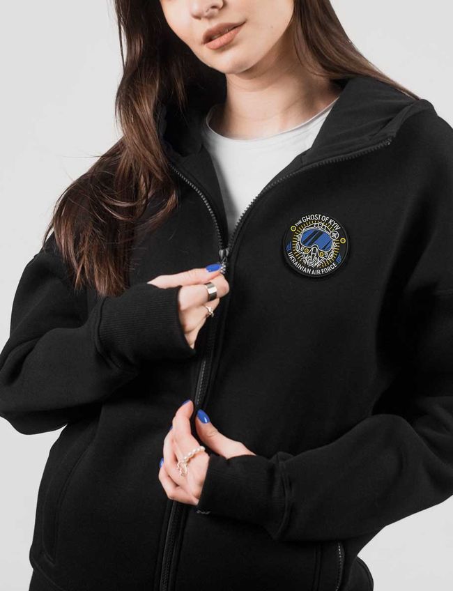 Women's tracksuit set with a Changeable Patch "The Ghost of Kyiv" Hoodie with a zipper, Black, 2XS, XS (99  cm)