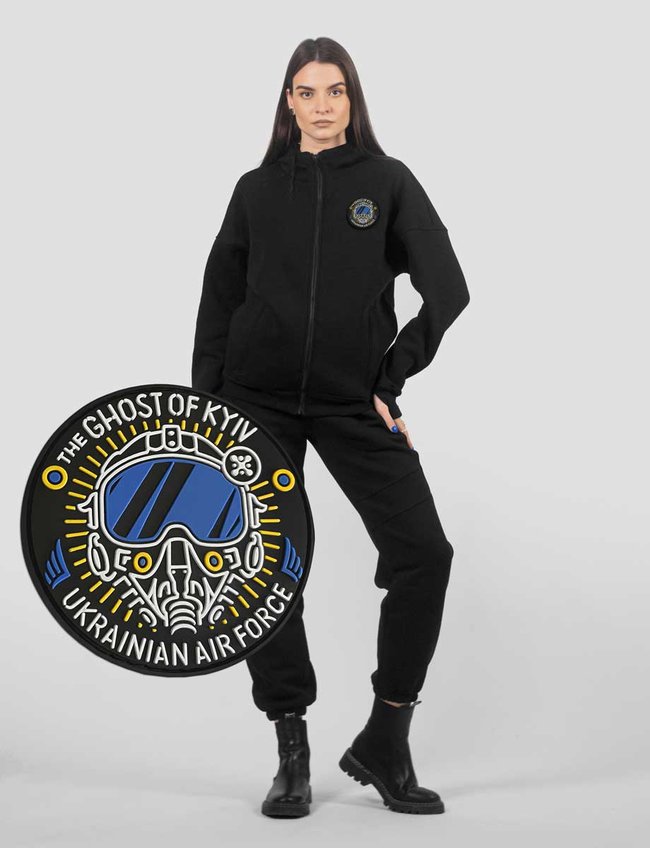 Women's tracksuit set with a Changeable Patch "The Ghost of Kyiv" Hoodie with a zipper, Black, 2XS, XS (99  cm)