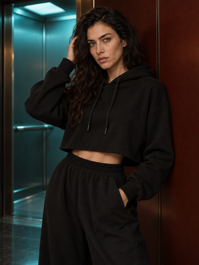 Women's cropped hoodie and oversized drawstring pants set, Black, XS-S, S