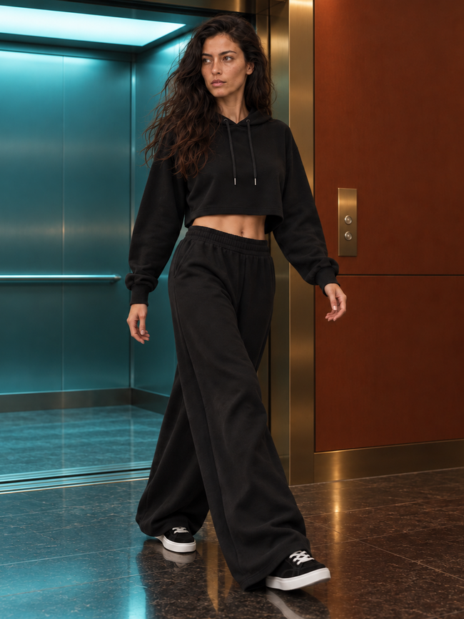 Women's cropped hoodie and oversized drawstring pants set, Black, XS-S, S
