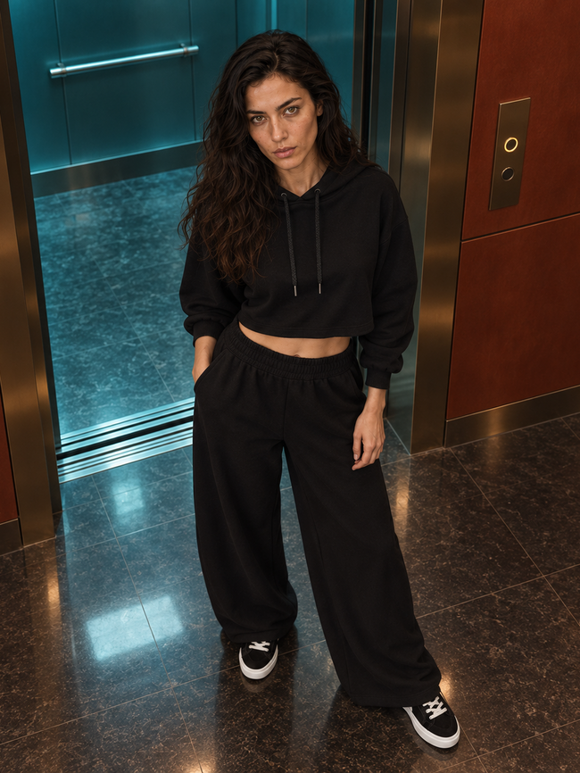 Women's cropped hoodie and oversized drawstring pants set, Black, XS-S, S