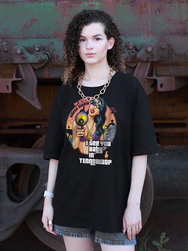 Women's T-shirt Oversize “Odesa Mama with Night Vision”, Black, XS-S