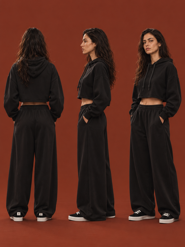 Women's cropped hoodie and oversized drawstring pants set, Black, XS-S, S