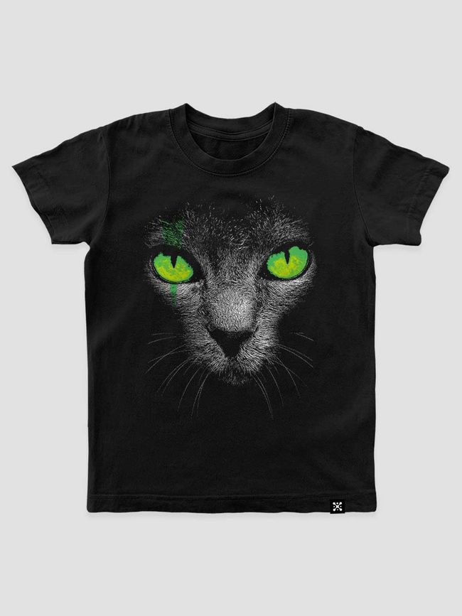 Kid's T-shirt "Green-Eyed Cat", Black, XS (110-116 cm)