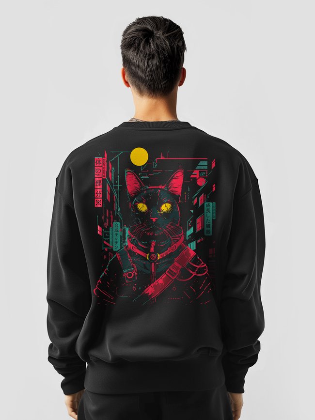 Men's Sweatshirt ”Cyber Cat”, Black, M