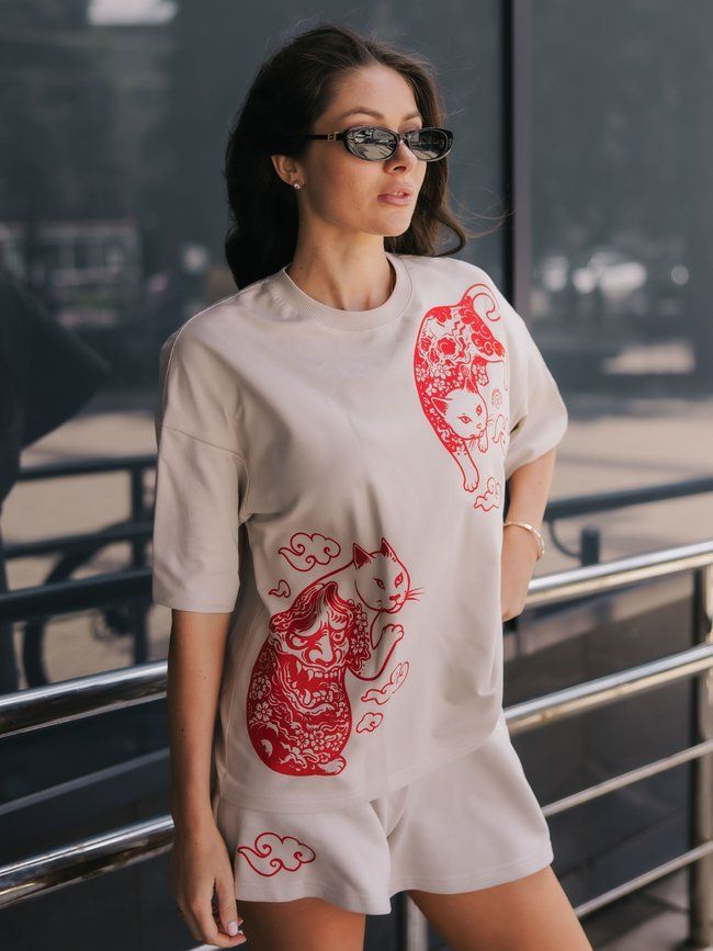 Комплект женский шорты и футболка оверсайз &ldquo;Japanese Tattoo Cats&rdquo;, Таш, S