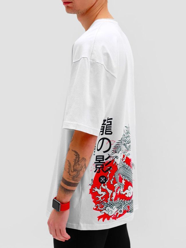 Men's T-Shirt Oversize "Dragon Shadow" White XSS with Dragon Print