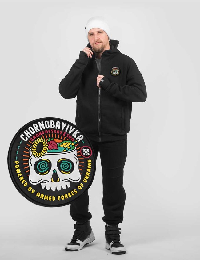 Men's tracksuit set with a Changeable Patch "Chornobayivka" Hoodie with a zipper, Black, 2XS, XS (99  cm)