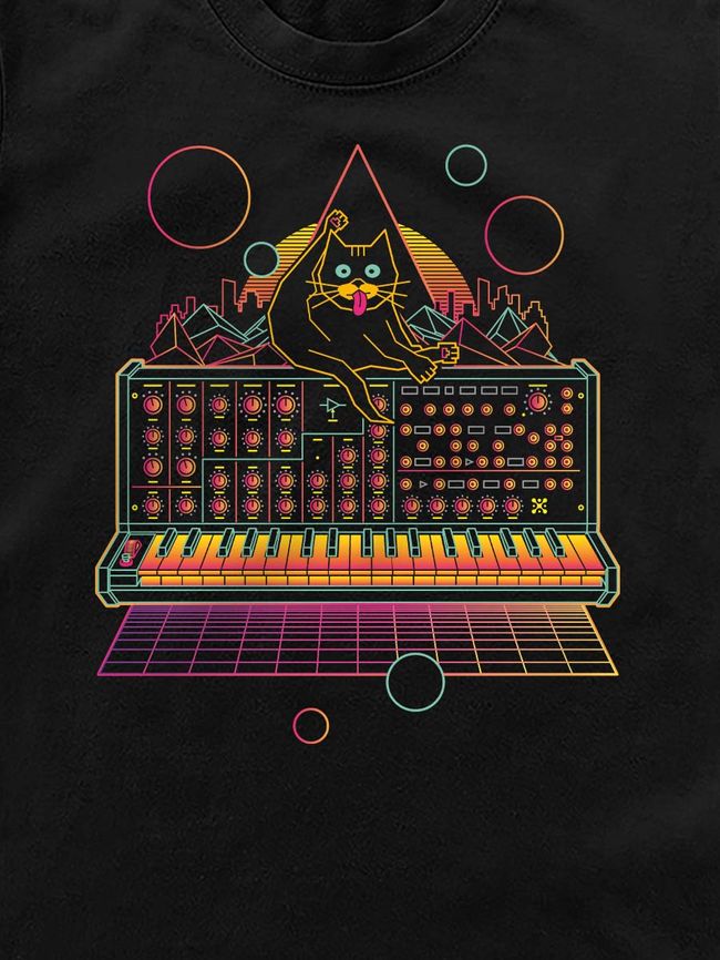 Kid's T-shirt “Cat on Synthesizer”, Black, XS (110-116 cm)