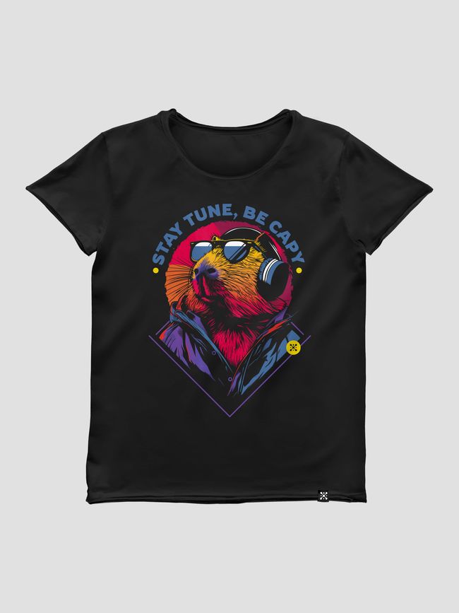 Women's T-shirt "Stay Tune, be Capy (Capybara)", Black, M