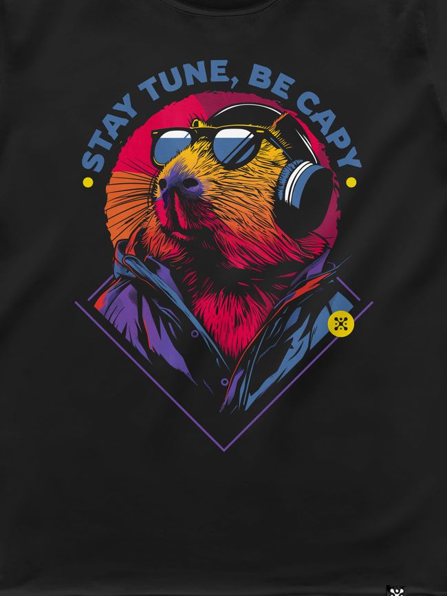 Women's T-shirt "Stay Tune, be Capy (Capybara)", Black, M