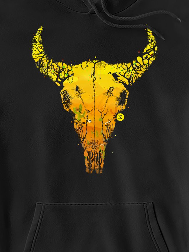 Men's Hoodie "Desert Cow Skull", Black, M-L