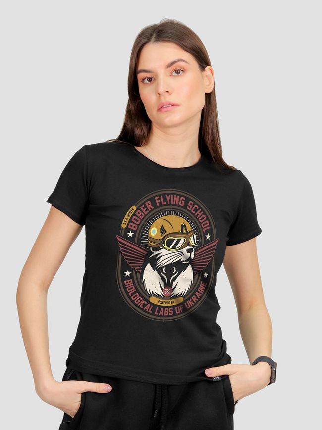Women's tracksuit set with t-shirt “Bober Flying School”, Black, 2XS, XS (99  cm)